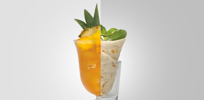 Tropical Bitter e coni di piadina veggy, la semplicità della piadina e un cocktail Sanbittèr vivace dal gusto tropicale