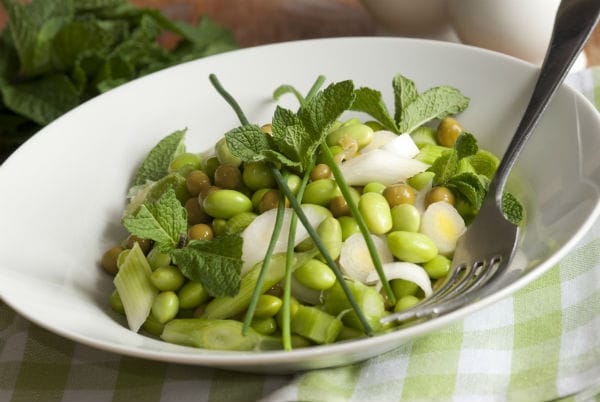 Insalata con fave, cipollotti, sedano e pecorino, piatto fresco e leggero pronto in tre minuti