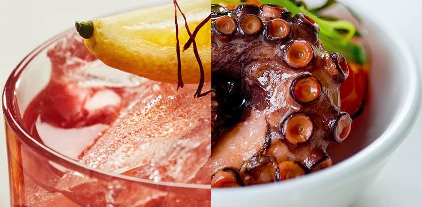 Per un aperitivo unico cocktail Caipibitter e bicchierini di polpo