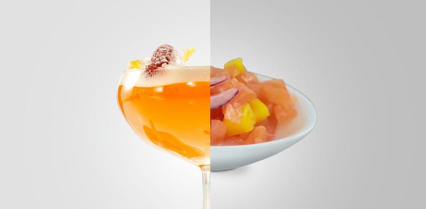 Tartare esotica accompagnata da Petit Paradis, drink con Emozioni Passion Fruti dal gusto estivo Tartare esotica accompagnata da Petit Paradis, drink con Emozioni Passion Fruti dal gusto estivo