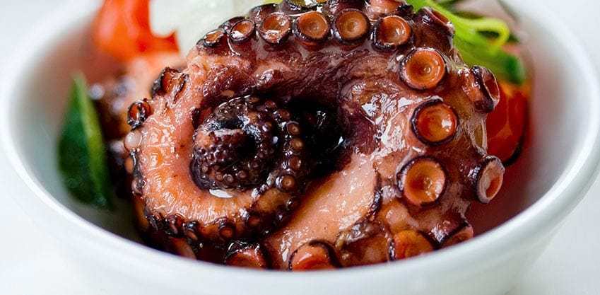 Bicchierini di polpo in salsa di melograno per l'aperitivo di Natale