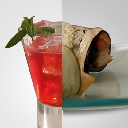 Rosso Fresh, il vero aperitivo Sanbittèr, accompagnato da rotoli di melanzane, un finger food classico e vivace